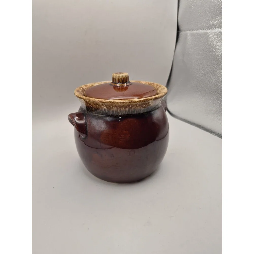 Hull Pottery Bean Pot Brown Drip Glaze Crock Jar Oven Proof Vintage Made In USA